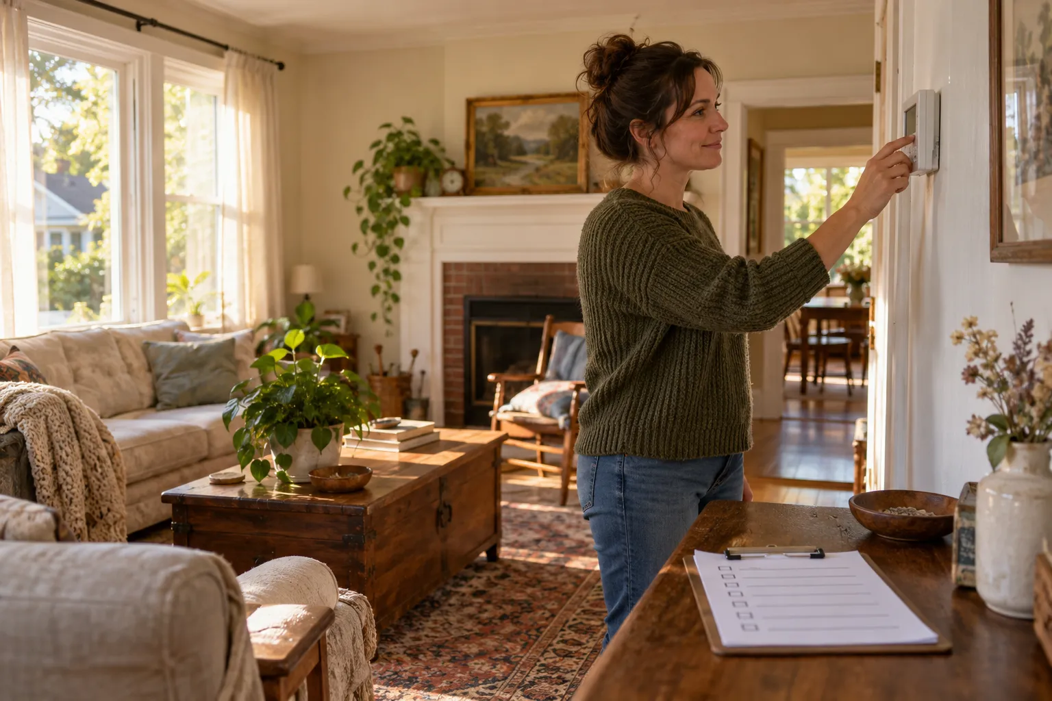Homeowner checking a thermostat in an older Wildwood house during warm weather